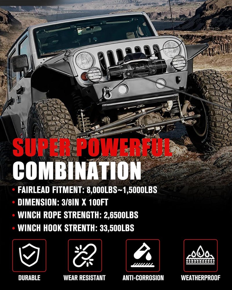 FIERYRED Synthetic Winch Rope 3/8 Inch100FT 23809Ibs Winch Line Cable Rope with Winch Hook Fairleads for 4WD Off Road Vehicle ATV UTV SUV - Image 5